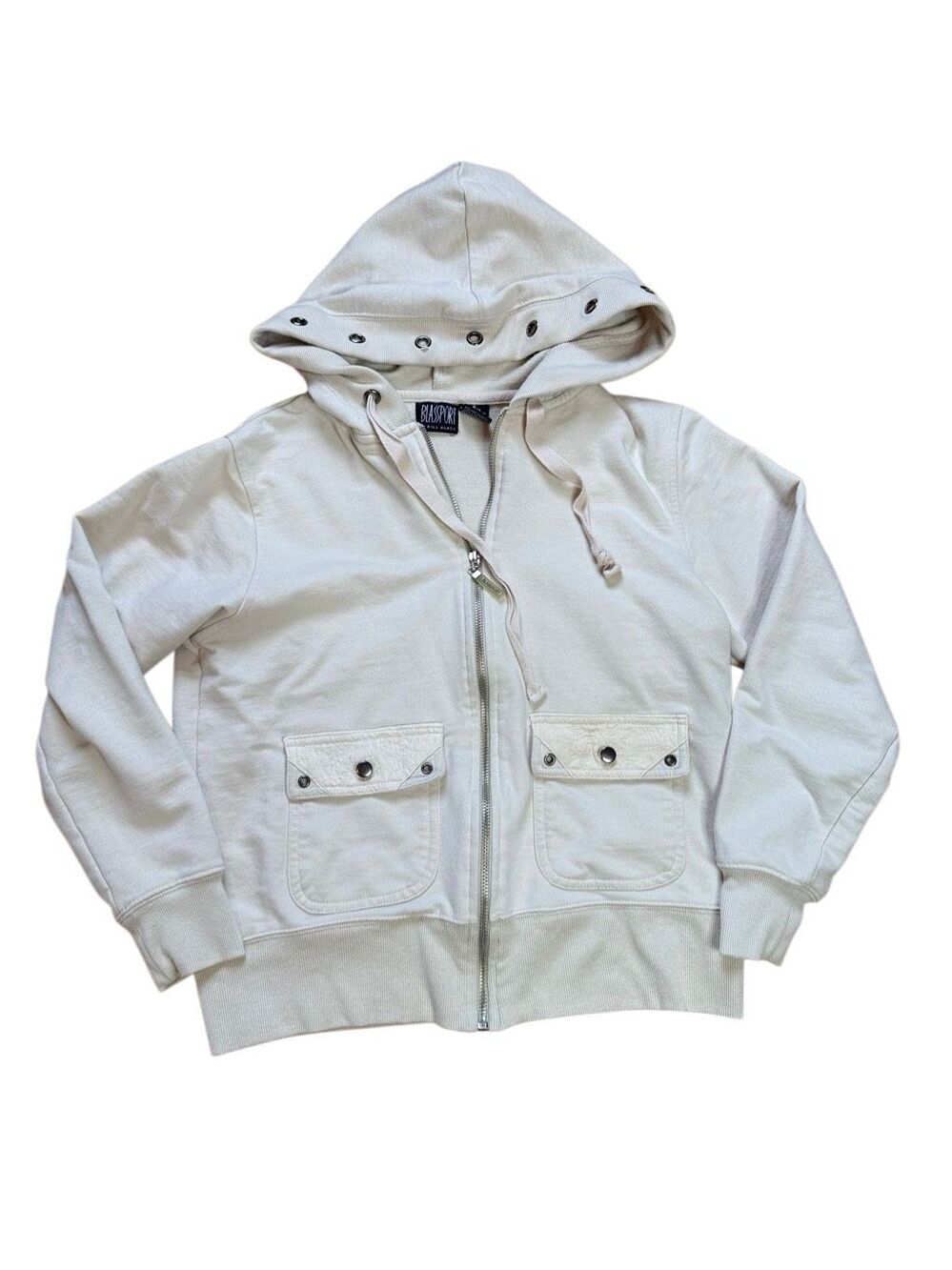 90s Vintage Bill Blass Grommet Zip Up Sweatshirt Hoodie Cream Small
